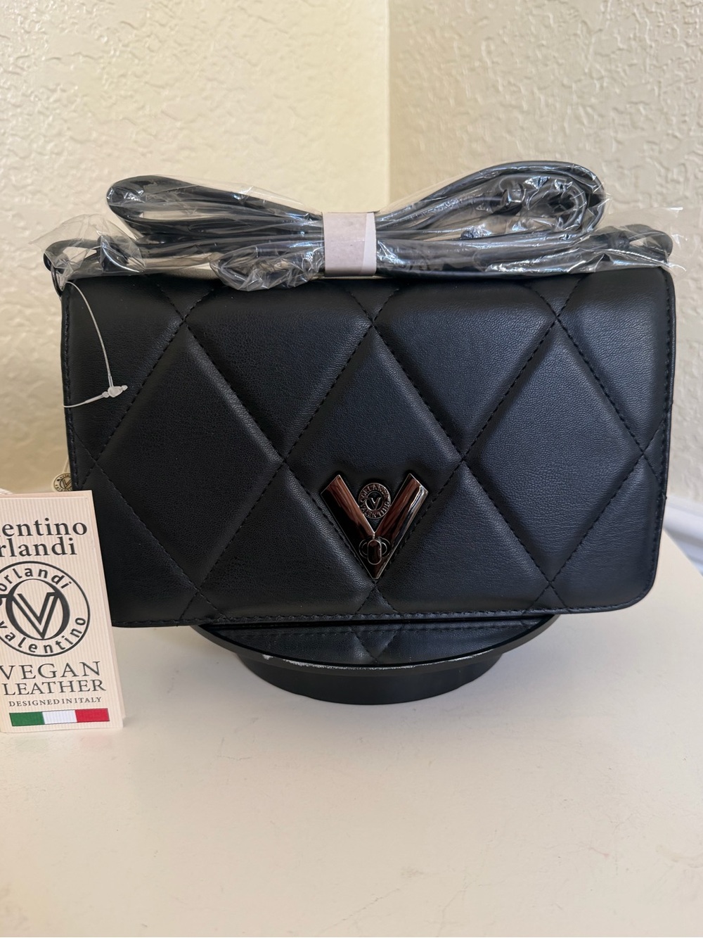 Valentino Orlandi Black Quilted Crossbody with Gunmetal Hardware V Emblem